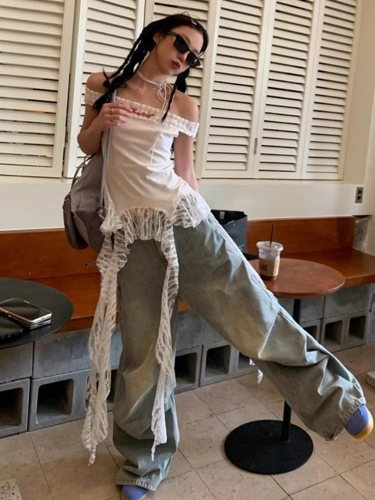 Slash Neck Fairy Grunge Tops Vintage Harajuku Irregular Patchwork Lace T-shirt Women Y2k Aesthetics Sexy Letter Embroidery Tees