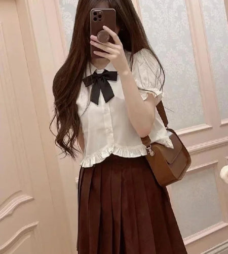 Summer Peter Pan Collar Sweet Womens Blouse Y2k Aesthetic Short Sleeve Bow Blusas Japanese Ruffled Pleated Fairy Fashion Shirt