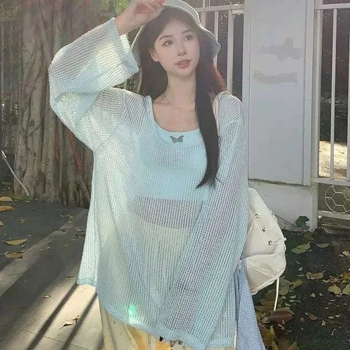 Load image into Gallery viewer, Summer Two Pieces Set  Y2k Aesthetic Casual Oversized Knitted Hollow Out T-shirt + Women Streetwear Butterfly Grunge Camisole
