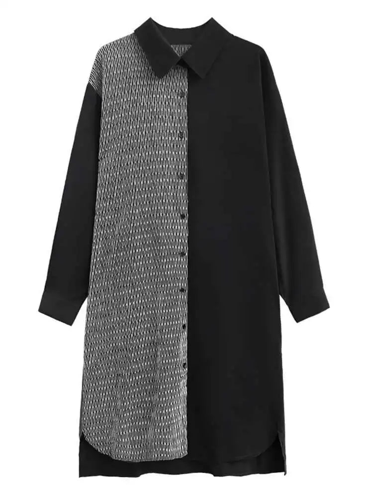 Women Black Color-block Big Size Midi Shirt Dress New Lapel Long Sleeve Loose Fit Fashion Tide Spring Autumn 2025 1DH2095