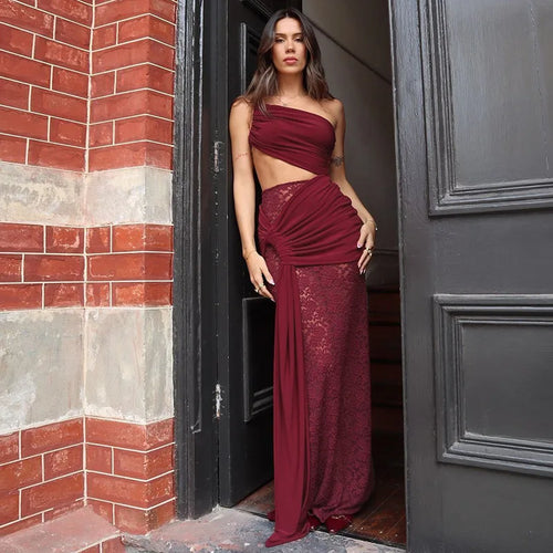 Load image into Gallery viewer, Hollow Out Lace Draped Sexy Maxi Dress For Women Gown Fashion One Shoulder Sleeveless Backless Bodycon Long Dress
