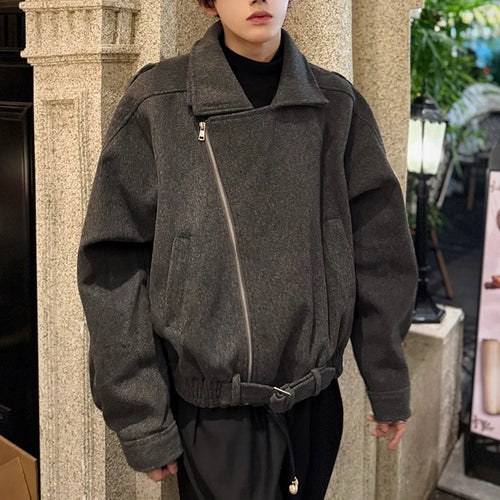 Load image into Gallery viewer, Fashion Men&#39;s Woolen Coats Turn-down Collar Hem Belt Design Solid Color Zipper Menswear Loose Thickened Jackets 9C9357
