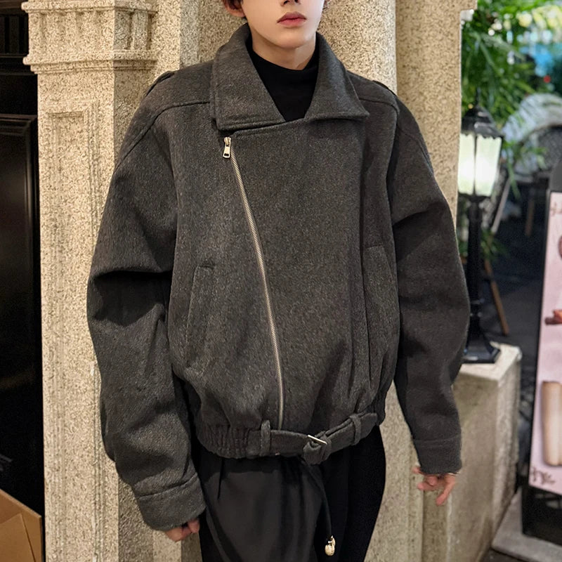 Fashion Men's Woolen Coats Turn-down Collar Hem Belt Design Solid Color Zipper Menswear Loose Thickened Jackets 9C9357