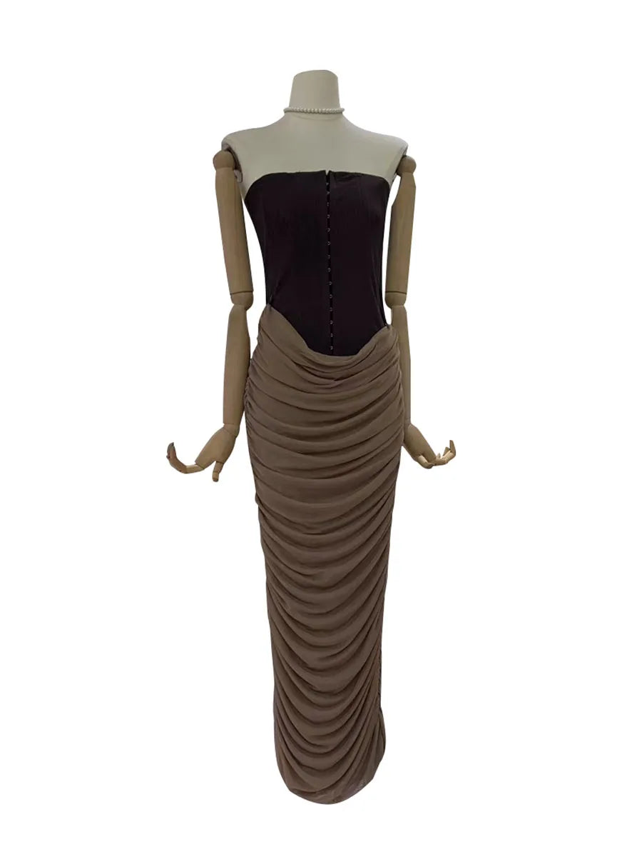 Hit Color Slimming Spliced Folds Sexy Dresses for Women Strapless Sleeveless Tunic Long Dress Female Clothing New