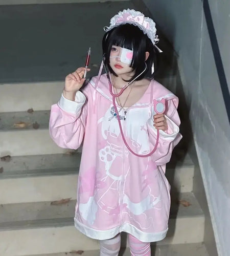 Streetwear Japanese Coat for Women Cartoon Long Sleeve Sailor Collar Oversized Outwear Y2k Tops Casual Fashion Sweet Jackets