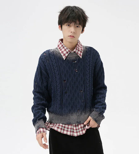 Niche Design Men's Sweater Vintage Hollow Out Hole Gradient Color Round Collar Loose Male Pullover Tops Fashion 9C7042