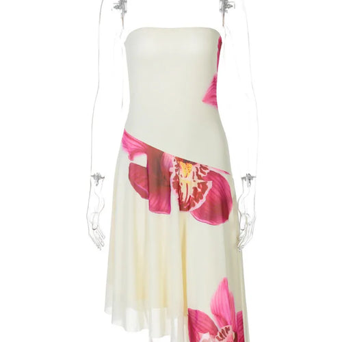 Load image into Gallery viewer, Floral Print Sexy Midi Dress Women Gown Summer New Strapless Off-shoulder Sleeveless Backless Irregular Ruffle Dress
