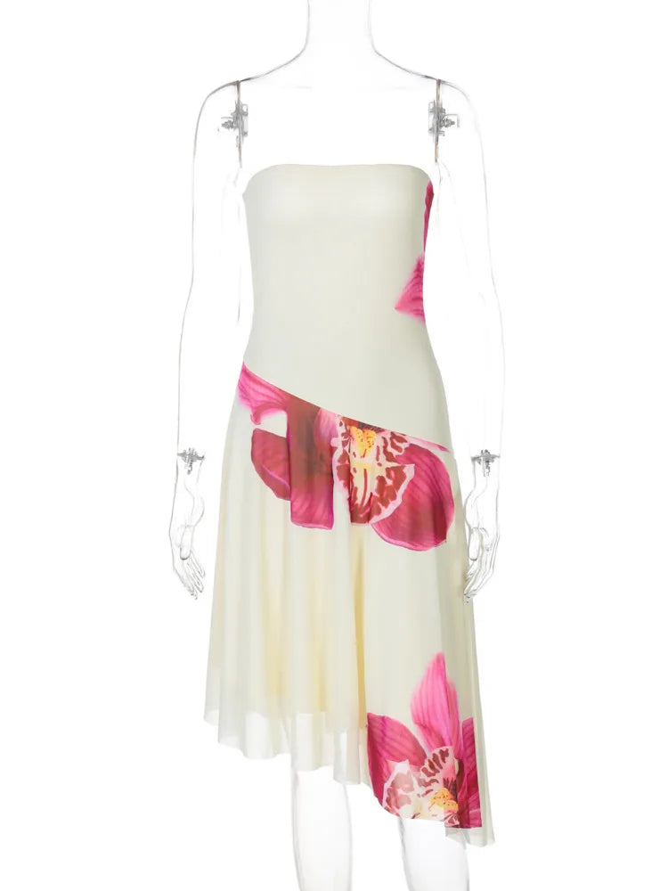 Floral Print Sexy Midi Dress Women Gown Summer New Strapless Off-shoulder Sleeveless Backless Irregular Ruffle Dress
