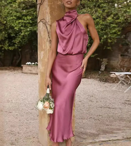 Elegant Sleeveless Satin Bodycon Dress Women 2024 Summer Irregular Hanging Neck Evening Dress Mid Dress Party Clubwear