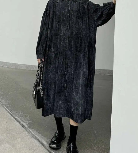 Women Black Tie Dye Pleated Big Size Midi Shirt Dress New Lapel  Long Sleeve Fashion Tide Spring Autumn 2025 1DH6918