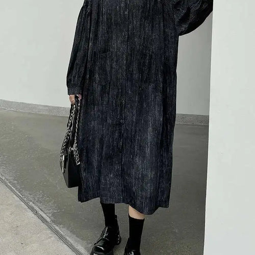 Load image into Gallery viewer, Women Black Tie Dye Pleated Big Size Midi Shirt Dress New Lapel  Long Sleeve Fashion Tide Spring Autumn 2025 1DH6918
