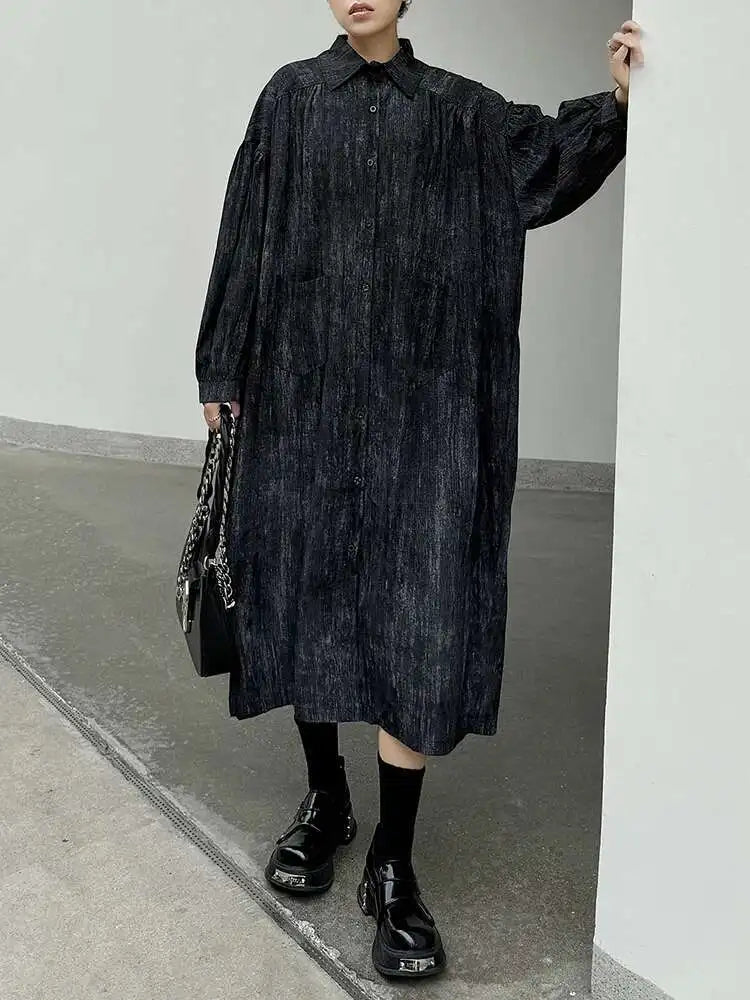 Women Black Tie Dye Pleated Big Size Midi Shirt Dress New Lapel  Long Sleeve Fashion Tide Spring Autumn 2025 1DH6918