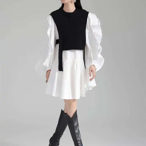 Load image into Gallery viewer, Women Black Knitting Color-block Ruffles Elegant Dress New Round Neck Long Sleeve Fashion Tide Spring Autumn 2025 1DH6758
