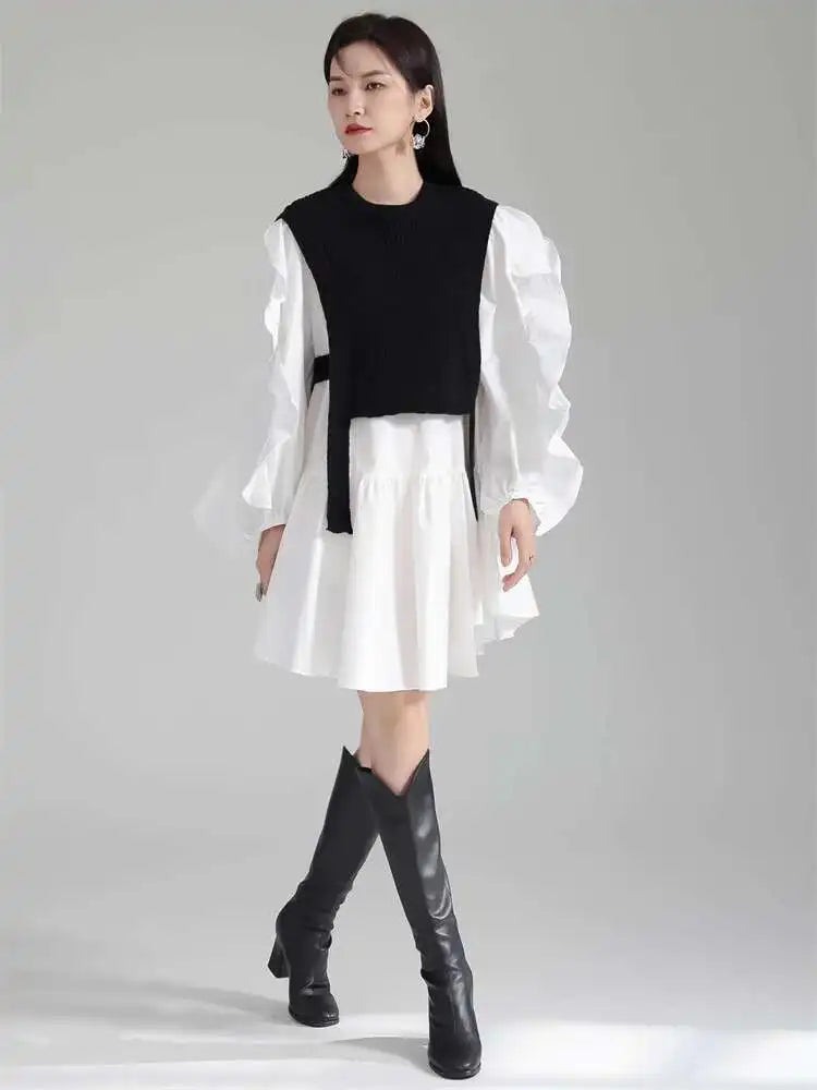 Women Black Knitting Color-block Ruffles Elegant Dress New Round Neck Long Sleeve Fashion Tide Spring Autumn 2025 1DH6758