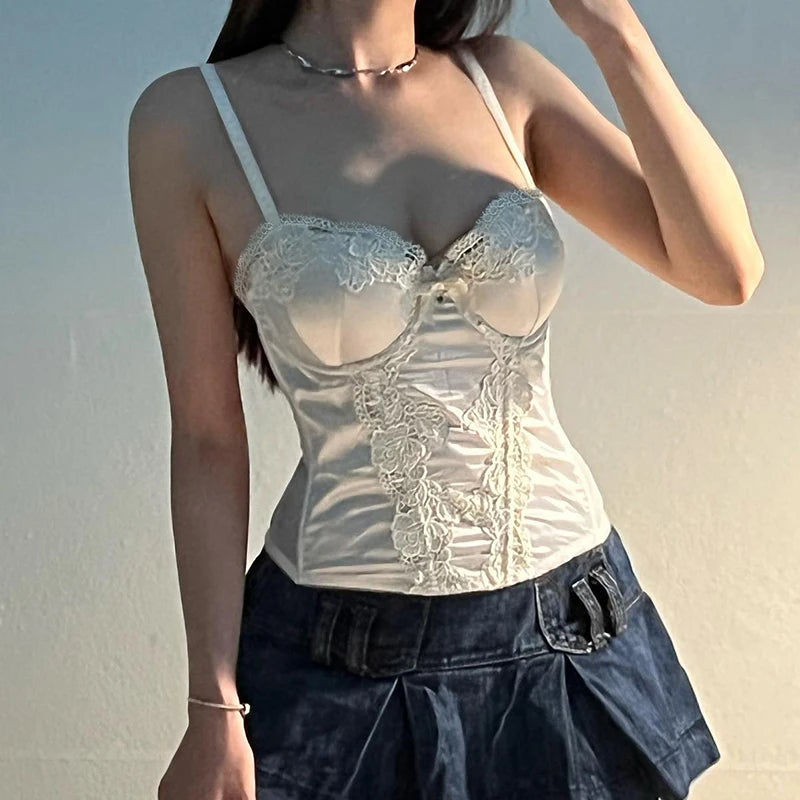 y2k Fashion Strap Sexy Satin Top Camisole Lace Patchwork Chic Bow Slim Summer Crop Tops Female Short Elegant Outfits