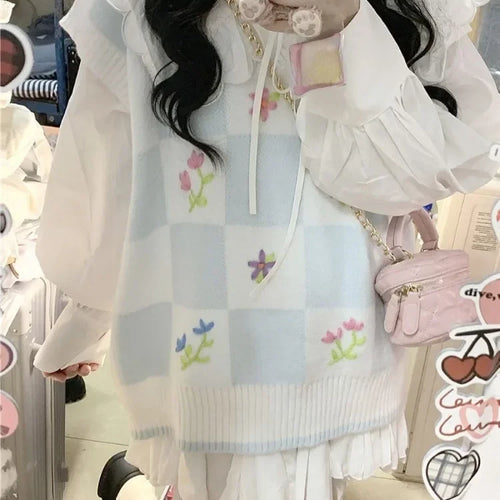 Load image into Gallery viewer, Knitted Sweater Vest for Women 2025 Y2k Aesthetic Embroidery Flower Tanks Fashion Casual Sleeveless Waistcoat Preppy Cute Tops
