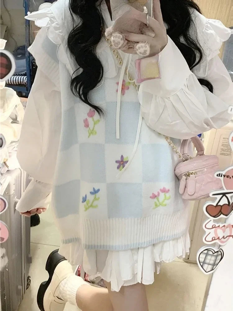 Knitted Sweater Vest for Women 2025 Y2k Aesthetic Embroidery Flower Tanks Fashion Casual Sleeveless Waistcoat Preppy Cute Tops