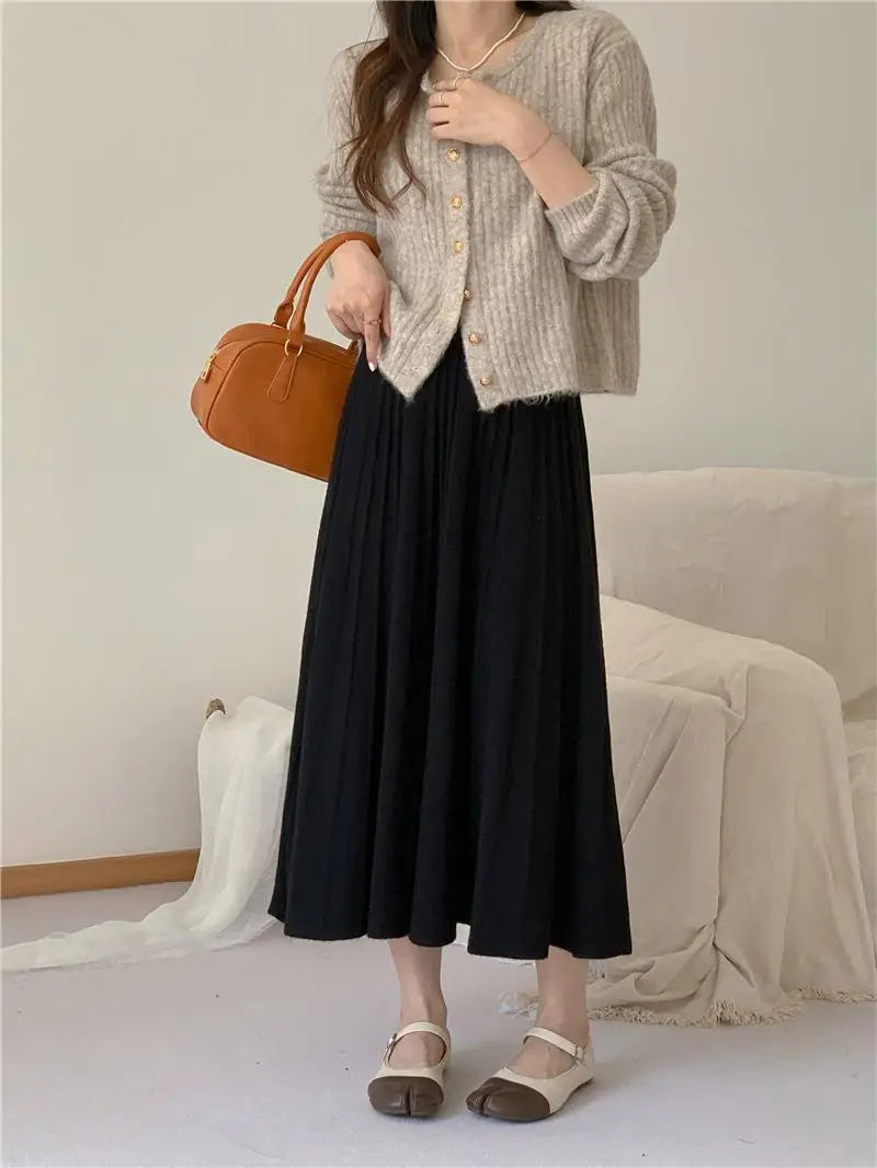 Korean Fashion Solid Sweet Elegant Knit Party Long Skirts Autumn Winter Women Pleated A-line High Waist Fairy Umbrella Skirt New
