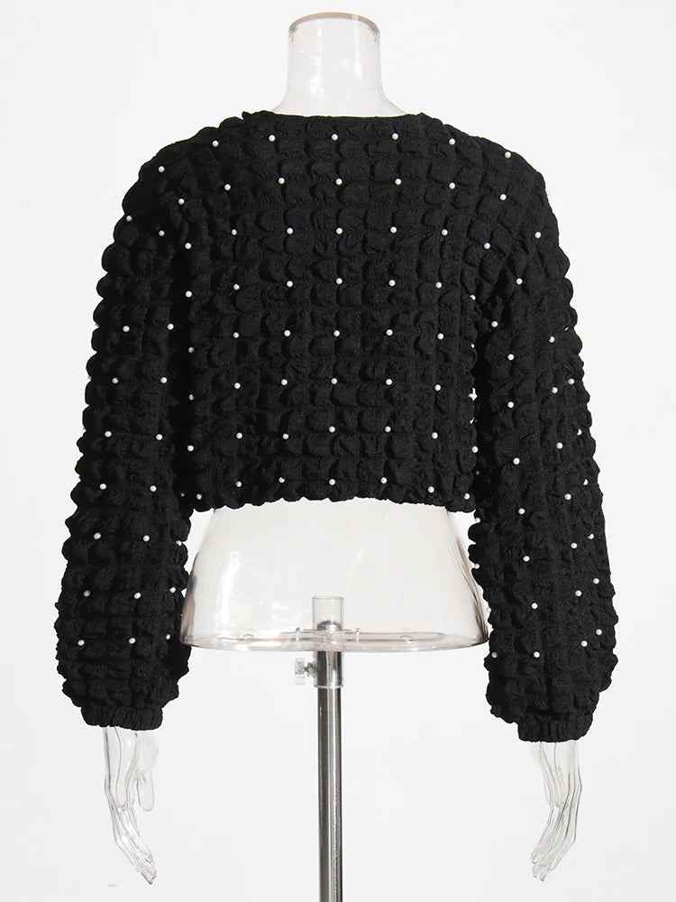 Designer Patchwork Pearls Sweatshirt For Women Round Neck Long Sleeve Spliced Chain Temperament Sweatshirts Female