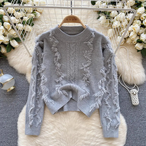 Load image into Gallery viewer, Autumn Winter Solid Loose Tassel Sweater Women Knitted Round Neck Pullover Women Long Sleeve Korean Version Warm Female Tops Y2k

