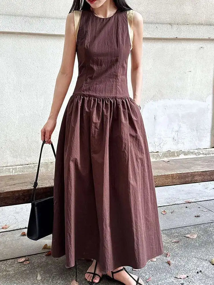 Women Coffee Color-block Elegant Long Vest Dress New Round Neck Sleeveless Fashion Tide Spring Summer 2025 1DJ0743