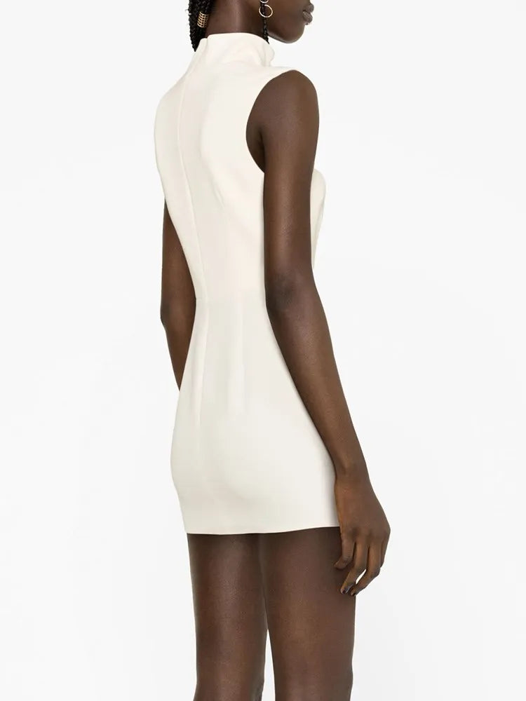 Solid Slim Elegant Mini Dresses For Women Turtleneck Sleeveless High Waist Hollow Out Temperament Dress Female Fashion Style