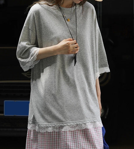 Women Gray Lace Hem Big Size Casual T-shirt New Round Neck Three-quarter Sleeve Fashion Tide Spring Autumn 2025 1DJ1929