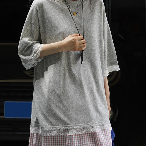 Load image into Gallery viewer, Women Gray Lace Hem Big Size Casual T-shirt New Round Neck Three-quarter Sleeve Fashion Tide Spring Autumn 2025 1DJ1929
