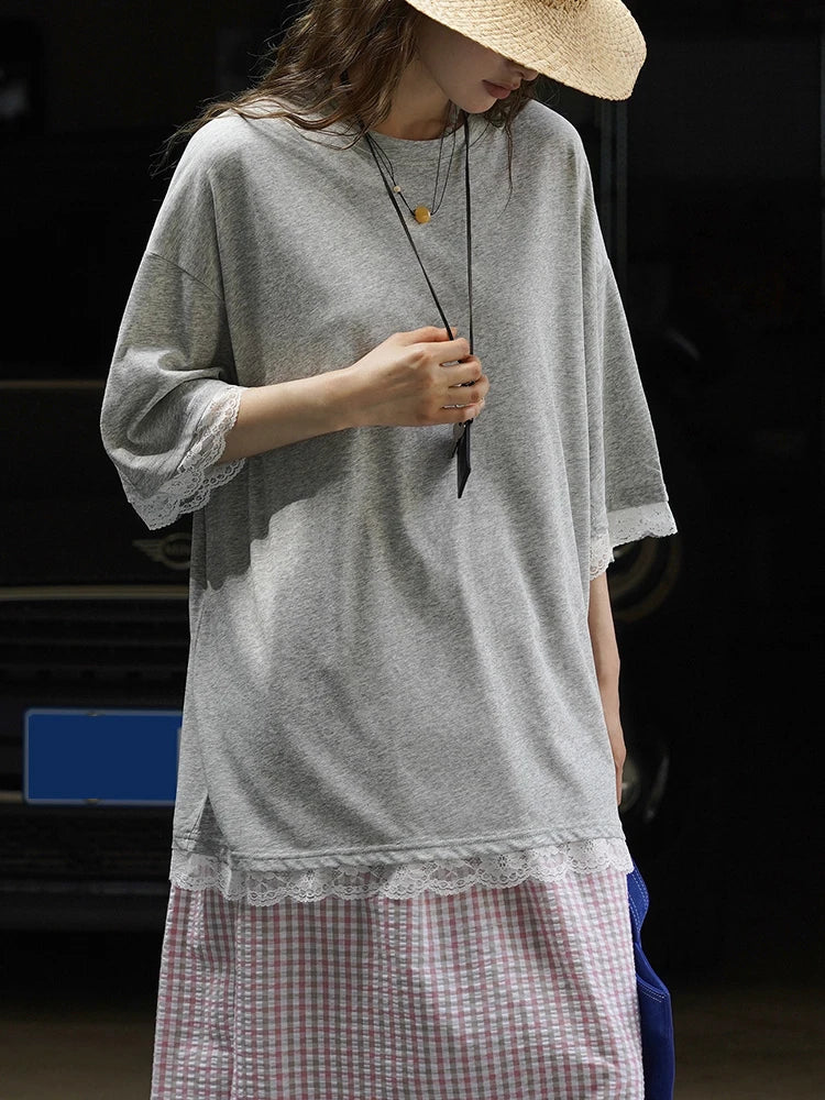 Women Gray Lace Hem Big Size Casual T-shirt New Round Neck Three-quarter Sleeve Fashion Tide Spring Autumn 2025 1DJ1929