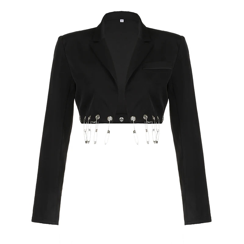 Fashion Design Black Blazer Jacket Cropped Cardigan Elegant Eyelet Pins Autumn Coat Female Punk Grunge Chic Jackets