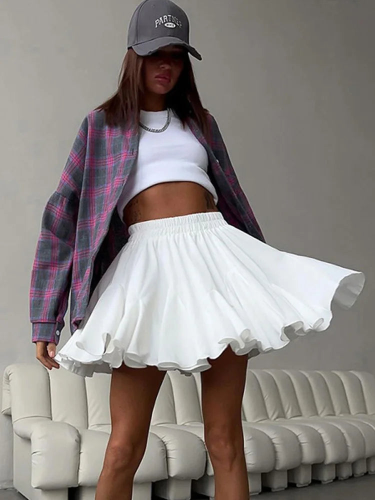 Summer White Mini Skirt A-line High Waist Sexy Cute Ruffle Vintage Tennis Skirt Black Elastic Waist Tutu Short Skirts for Women