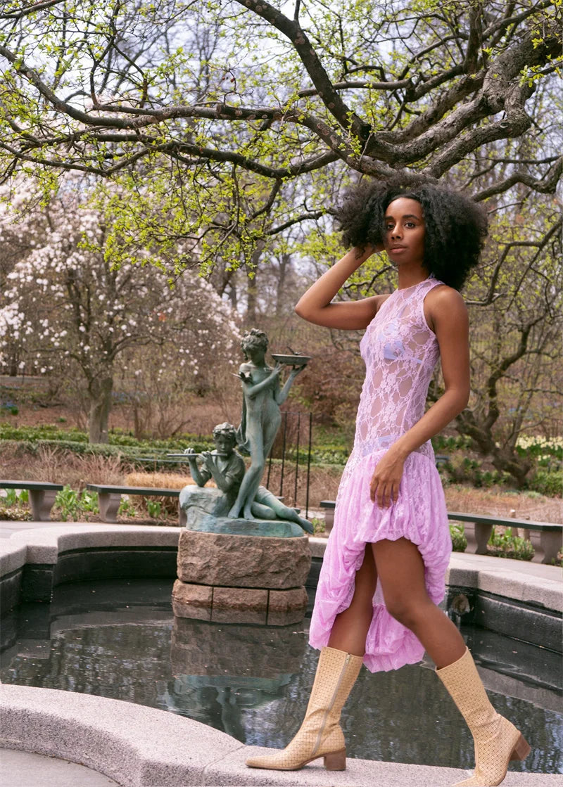 Lace See Through Ruffle Sexy Midi Dress Women Gown Summer Fashion High Waist Slim Thigh High Split Elegant Long Dress