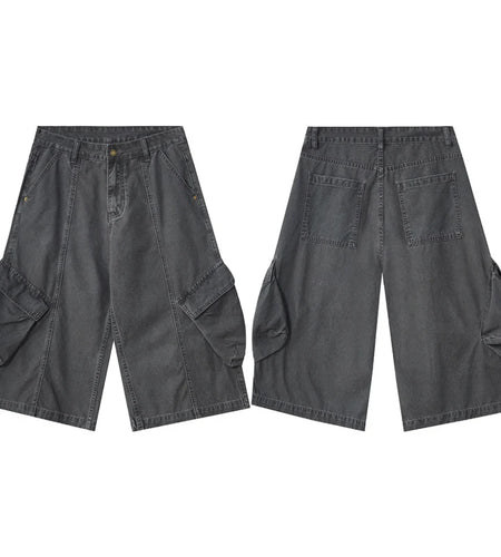 Men's Cargo Shorts Washed Splicing Design Multi Pockets Straight Leg Stylish New American Style Male Casual Bottoms 9W2030