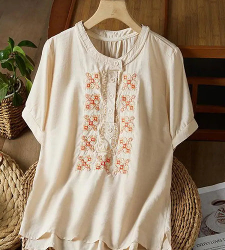 Vintage Women White Beige Embroidery Loose Single Breasted Short Sleeve Cotton Shirt Summer Round Neck Elegant Festival Tops New