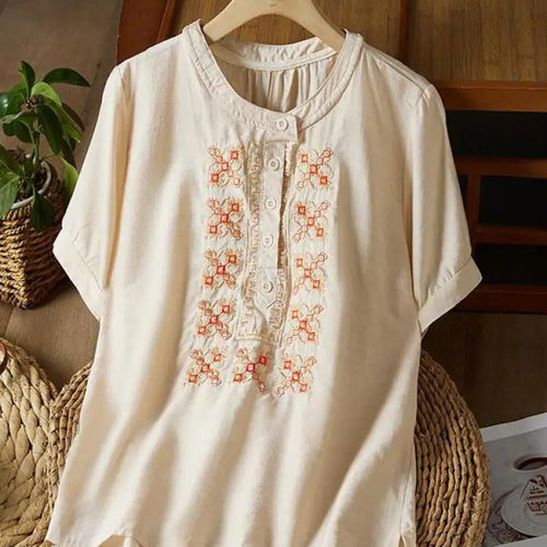 Load image into Gallery viewer, Vintage Women White Beige Embroidery Loose Single Breasted Short Sleeve Cotton Shirt Summer Round Neck Elegant Festival Tops New
