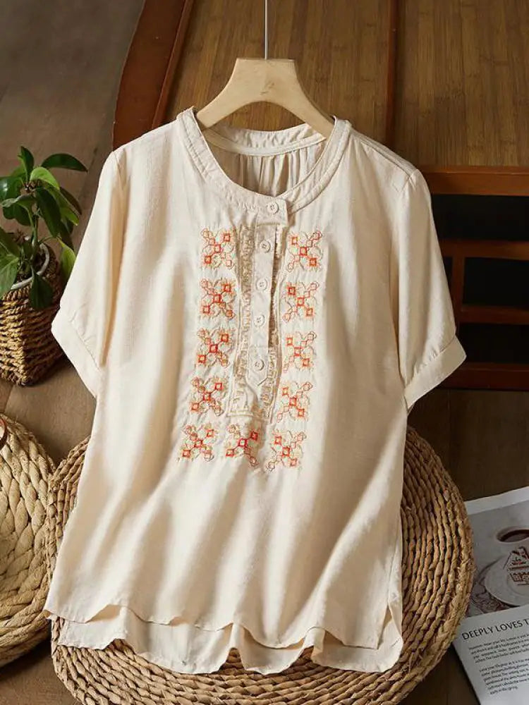 Vintage Women White Beige Embroidery Loose Single Breasted Short Sleeve Cotton Shirt Summer Round Neck Elegant Festival Tops New