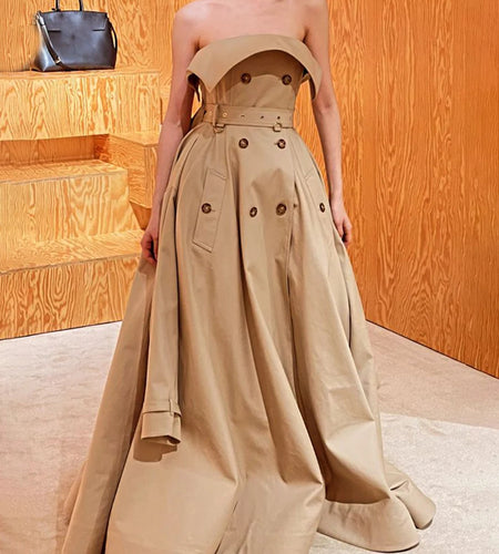 Slimming Spliced Double Breasted Fashion Long Dresses for Women Strapless Sleeveless Patchwork Pockets Dress Female