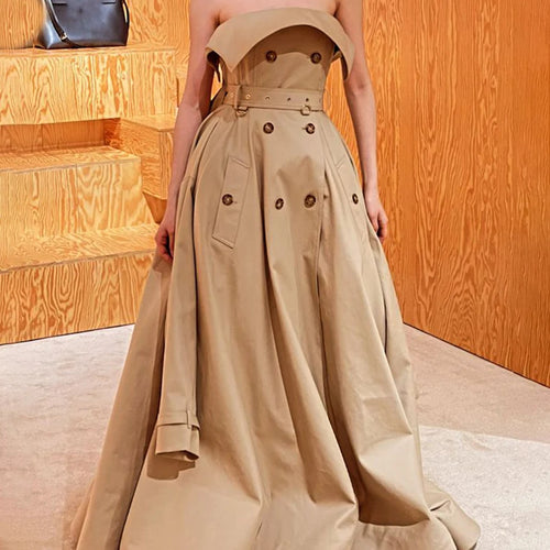 Load image into Gallery viewer, Slimming Spliced Double Breasted Fashion Long Dresses for Women Strapless Sleeveless Patchwork Pockets Dress Female
