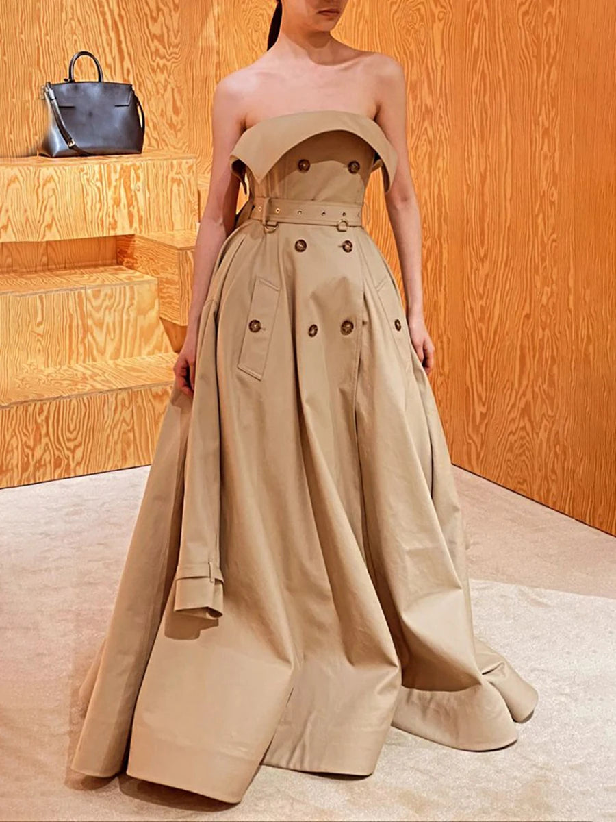 Slimming Spliced Double Breasted Fashion Long Dresses for Women Strapless Sleeveless Patchwork Pockets Dress Female