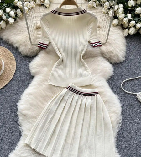 Summer Beige Stripe Short Sleeve Button Knitted Tops + High Waist Pleated Mini Skirt Women College Style Sexy Two-piece Set Chic