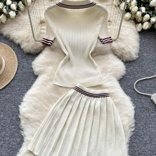 Load image into Gallery viewer, Summer Beige Stripe Short Sleeve Button Knitted Tops + High Waist Pleated Mini Skirt Women College Style Sexy Two-piece Set Chic
