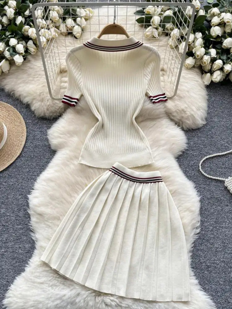 Summer Beige Stripe Short Sleeve Button Knitted Tops + High Waist Pleated Mini Skirt Women College Style Sexy Two-piece Set Chic