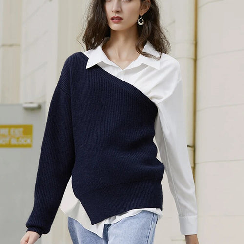 Load image into Gallery viewer, Asymmetrical Sweater For Women Skew Collar Long Sleeve Solid Minimalist Knitting Pullover Female Clothing

