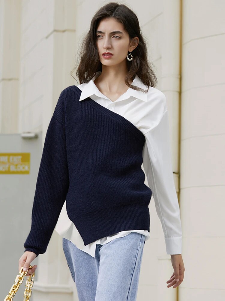 Asymmetrical Sweater For Women Skew Collar Long Sleeve Solid Minimalist Knitting Pullover Female Clothing