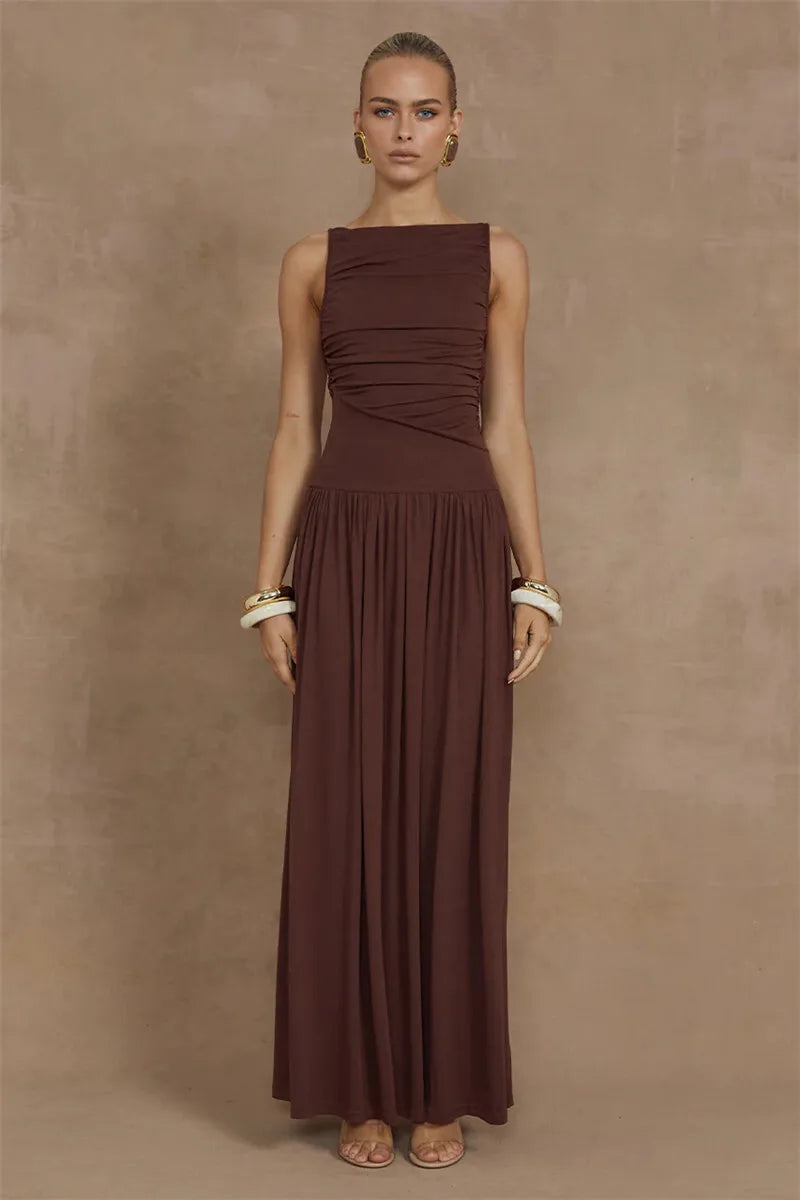 Elegant Sleeveless Maxi Dress For Women Fashion Solid Boat Neck Tank Dresses Ladies Sexy Ruched Long Dress New Gown