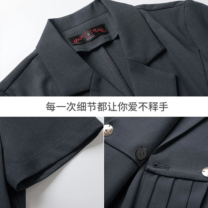 Korean Solid Office Professional Workwear Blazer Dress For Women 2024 Summer Short Sleeve High Waist Vacation Pleated Midi Dress