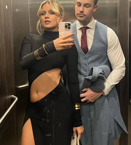 Fashion Hollow Out Long Sleeve Dress Women Evening Dress Tailored Height Split Dress Female Vestidos Elastic Tight Party