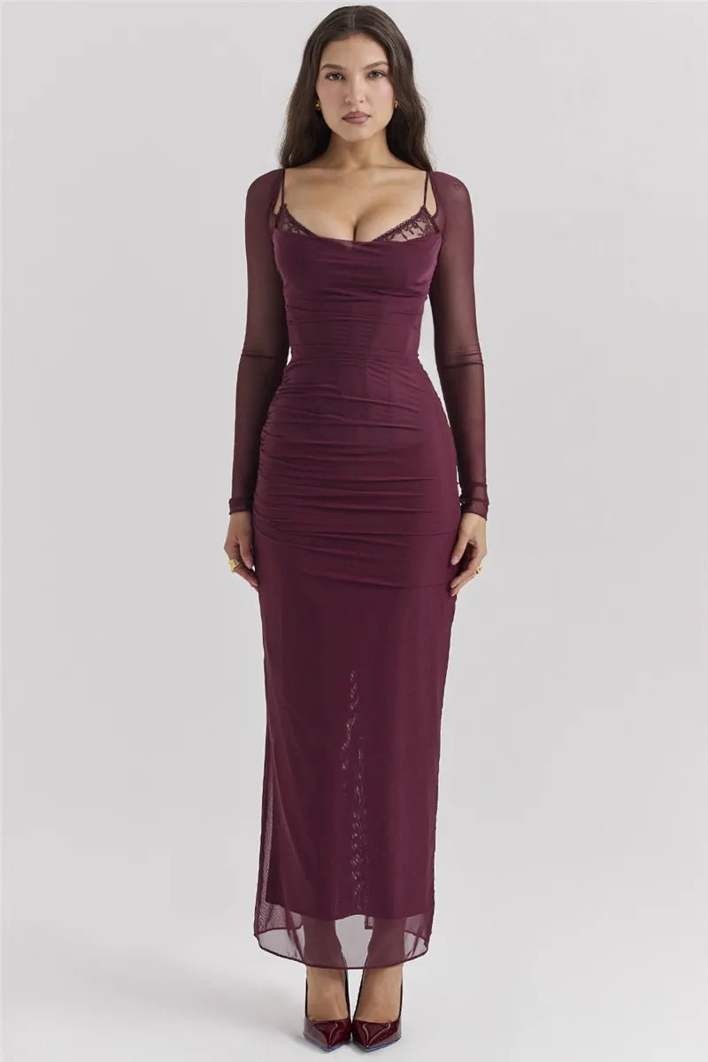 Elegant Sheer Long Sleeve Sexy Maxi Dress For Women Fashion Mesh Strapless Backless Club Party Sexy Long Dress 2024