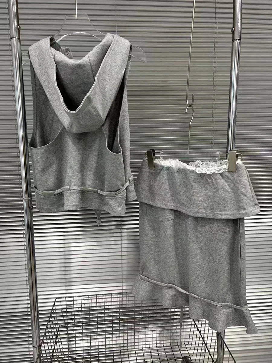 Solid Spliced Lace Up Two Piece Set For Women Hooded Sleeveless Top High Waist Temperament Skirts Female Fashion