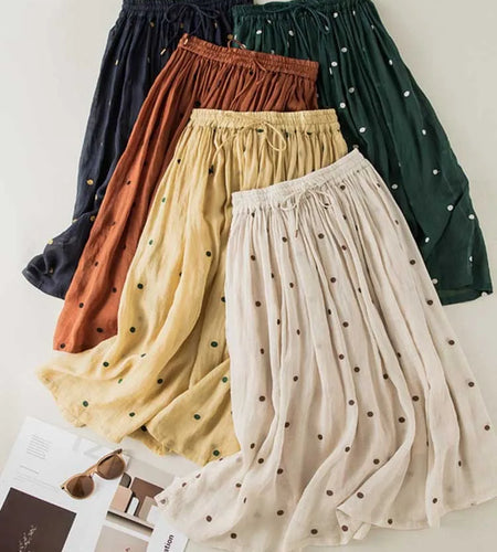 Vintage Midi Skirt Women Elastic Waist Polka Dot Pleated Skirts A-line Elegant Fashion Office Lady Casual Skirt Female Summer